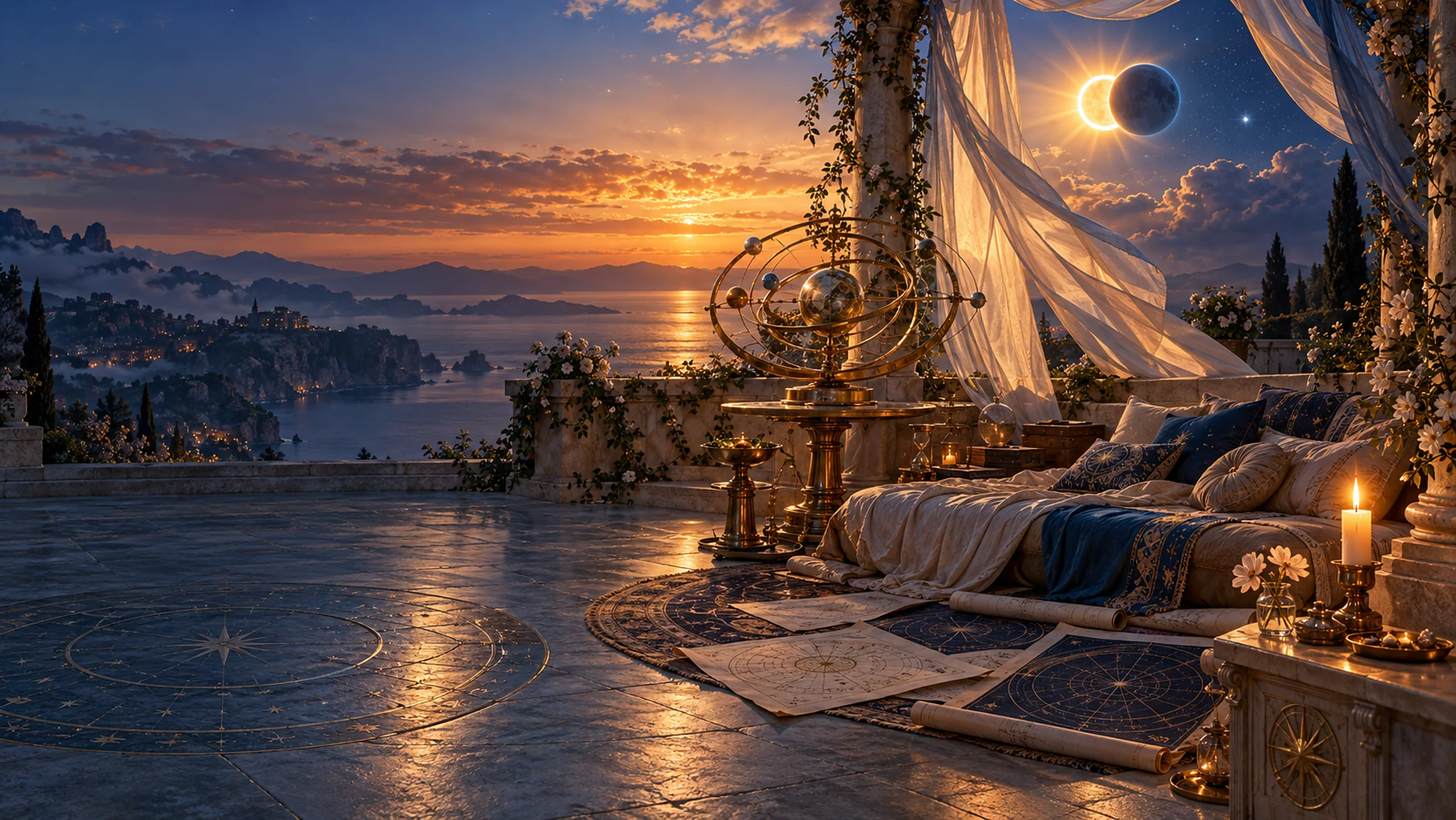 Abby Chanter’s room: an open marble terrace above the sea at sunset, with the sun and moon meeting in an eclipse, sheer curtains in the breeze, a brass orrery, a daybed of cushions, star charts on the floor and a lit candle