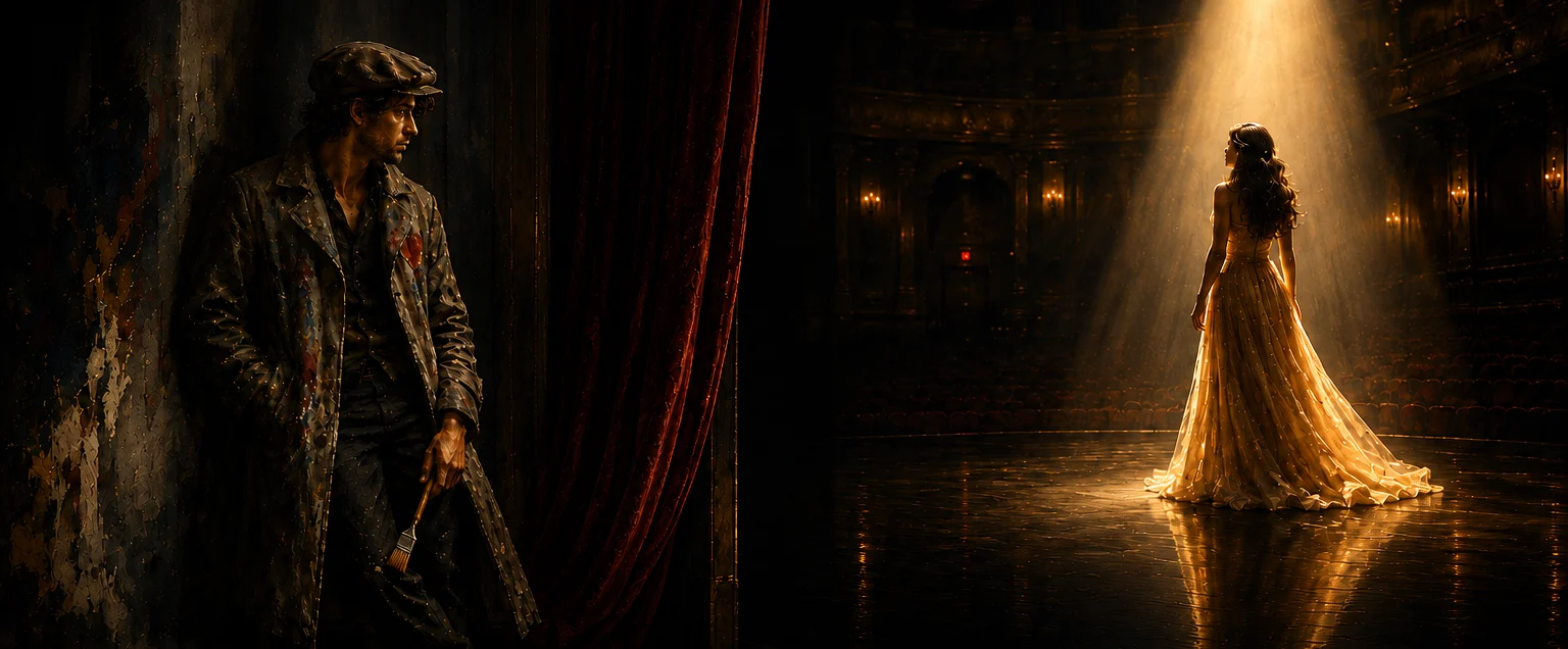 Eli, paintbrush in hand, watches from behind a red stage curtain as she stands alone in a spotlight on an empty theater stage
