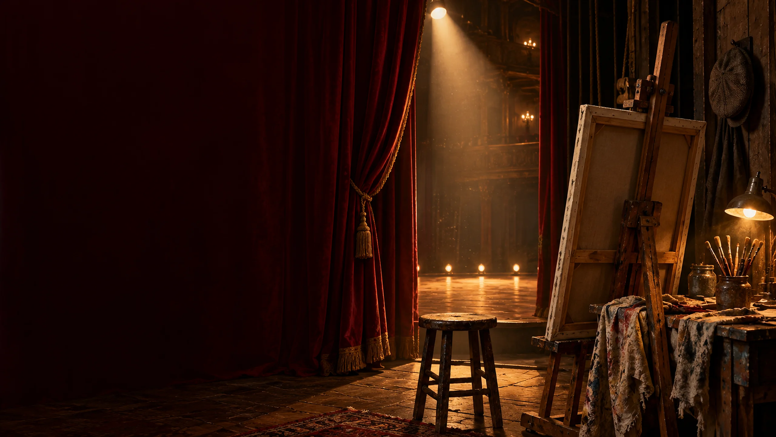 Eli Chanter’s room backstage at an old theater: a heavy red velvet curtain pulled open onto an empty stage under a single spotlight, a paint-spattered easel with its canvas turned away, a wooden stool, brushes in a jar and a flat cap on a hook