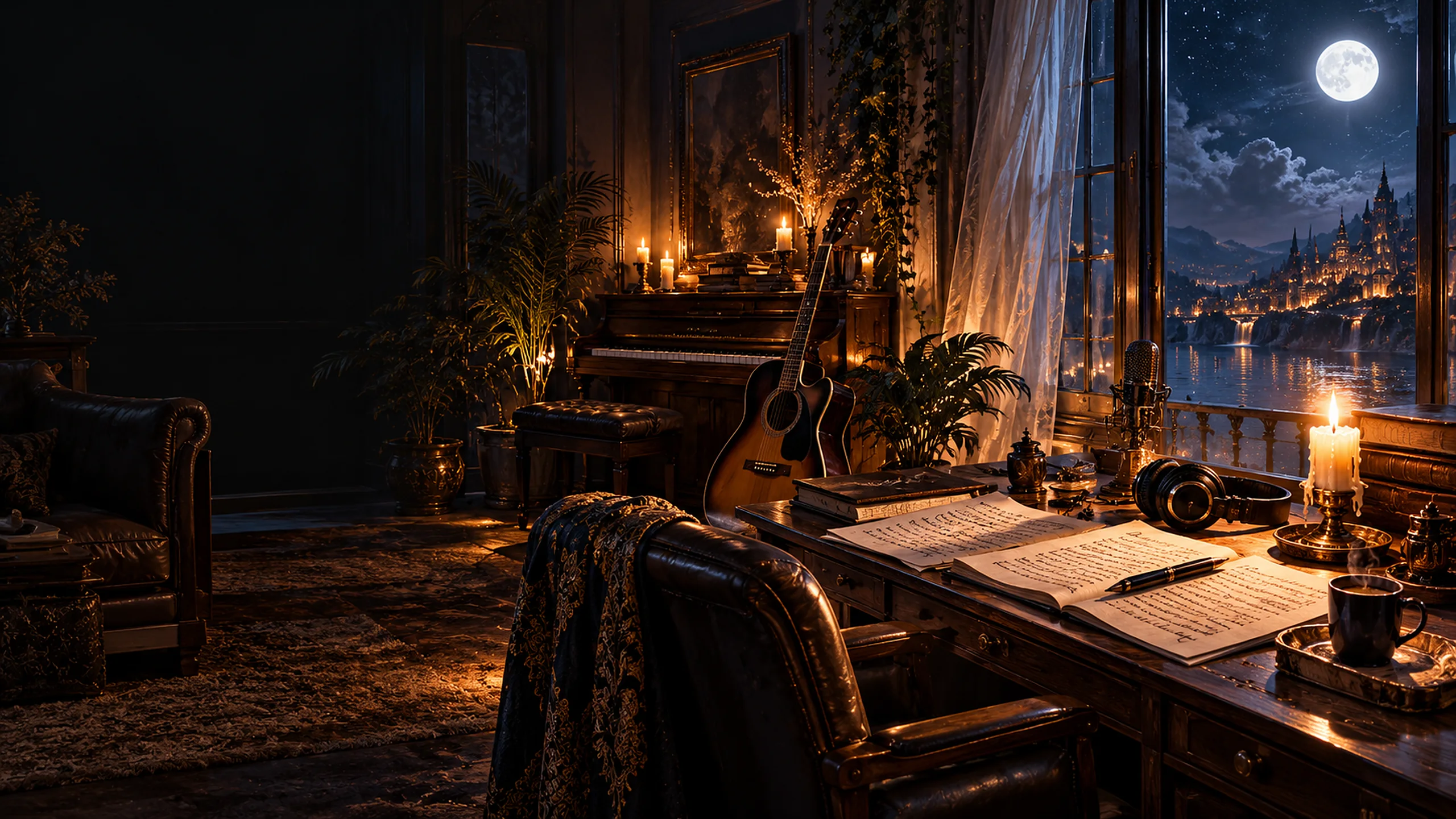 Jaxx Chanter’s room at night: a writing desk with handwritten lyric pages, a pen, headphones and a candle, a guitar against an old piano, and a tall window with a full moon over the castle and the water