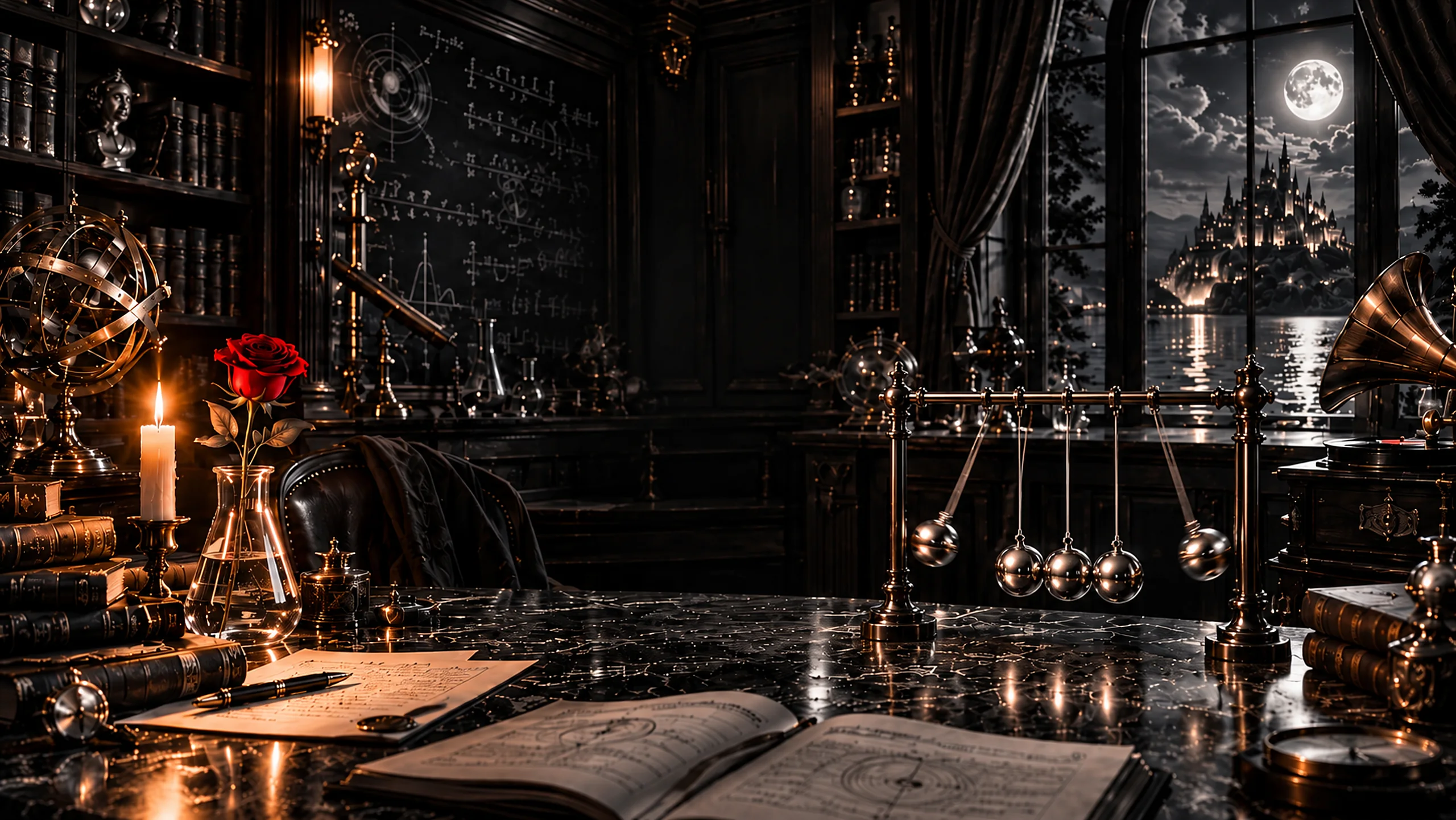 The Chanter Theory’s room: a black-and-white laboratory study after midnight, with a lit candle and a single red rose in a glass beaker on the left, equations on a chalkboard, a Newton’s cradle on the marble desk, a gramophone, and the moon and castle in the window