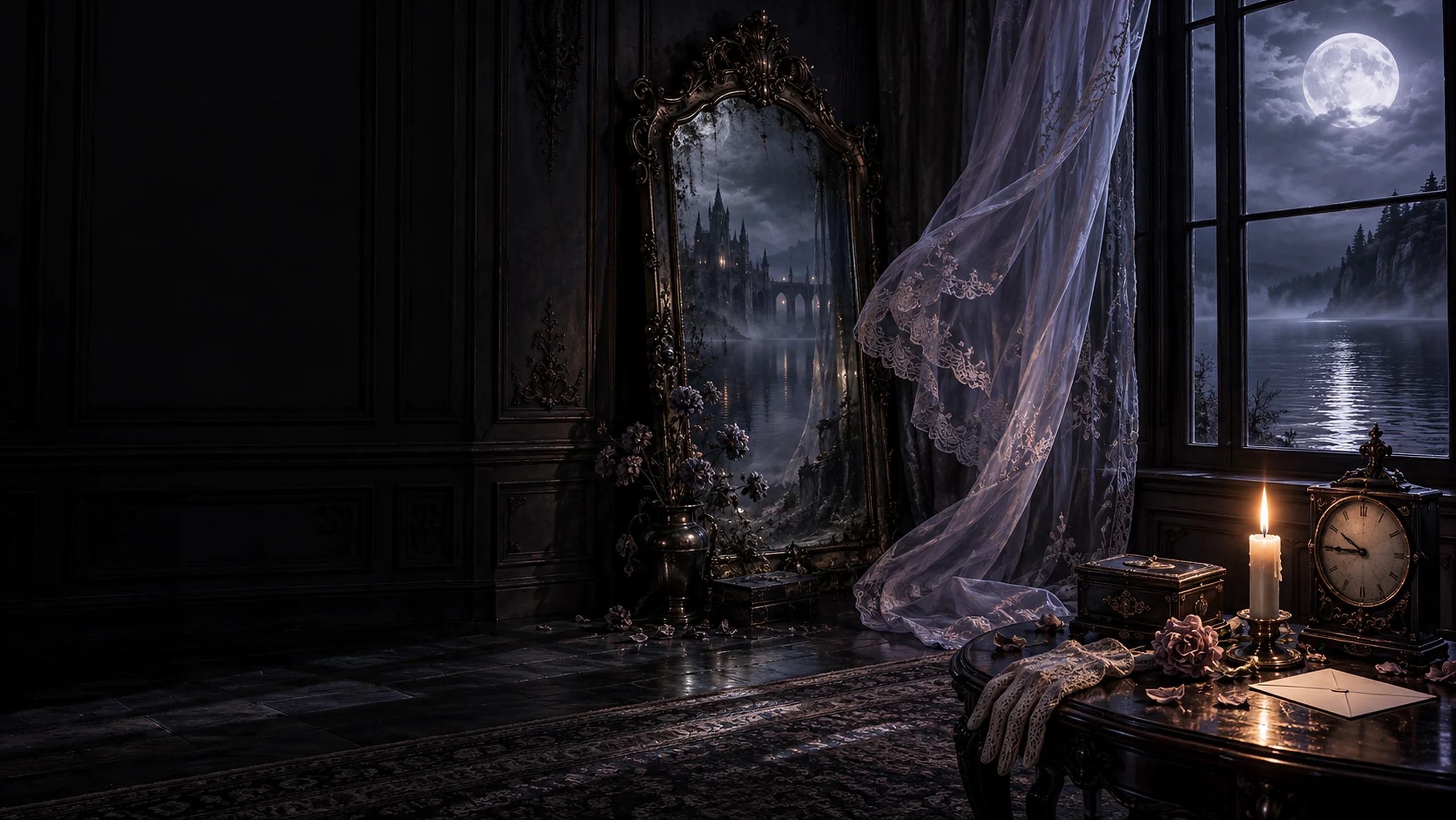 Veilmare’s room at night: a dark paneled chamber where an ornate mirror reflects a castle that is not outside the window, a violet lace veil moving with no wind, a full moon over black water, a candle, a stopped clock, a lace glove, a dried rose and an envelope on the table