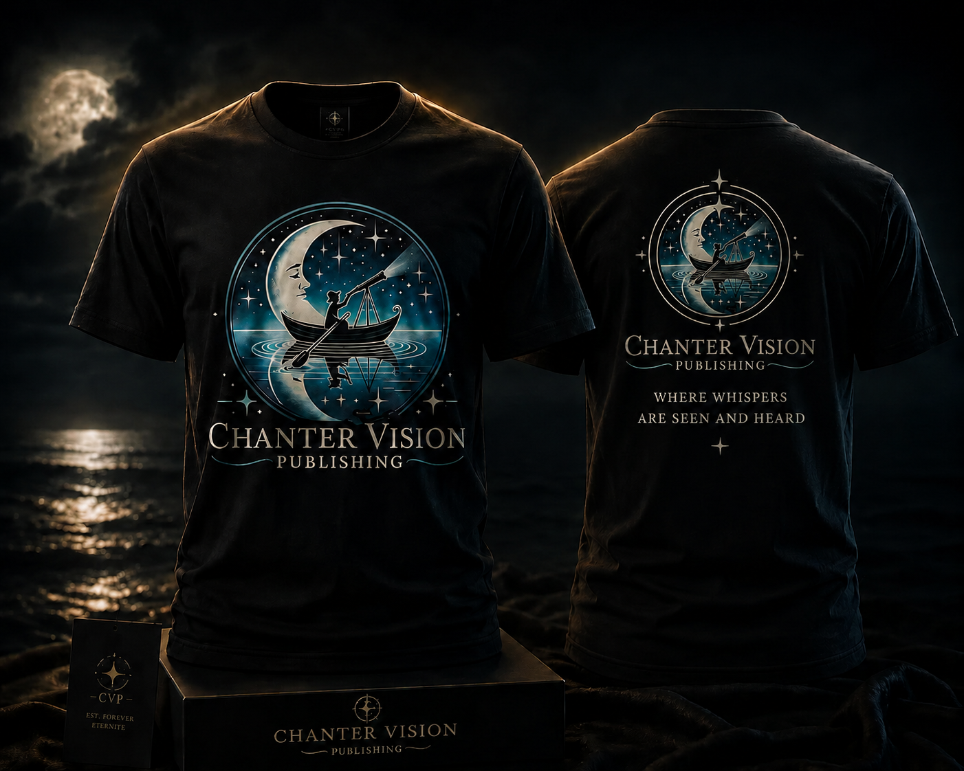 Chanter Vision luxury t-shirt mockup — dark premium tee with Chanter Vision artwork